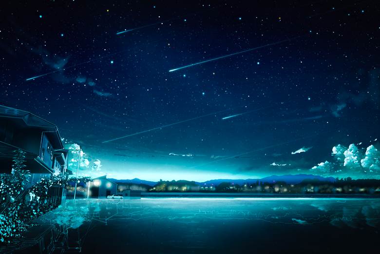 流星与夜晚的风景插画图片