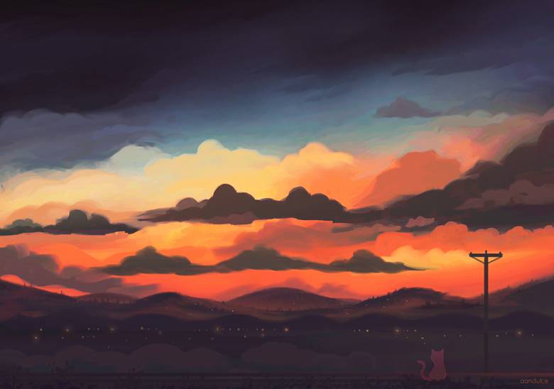 最美就是夕阳风景插画图片