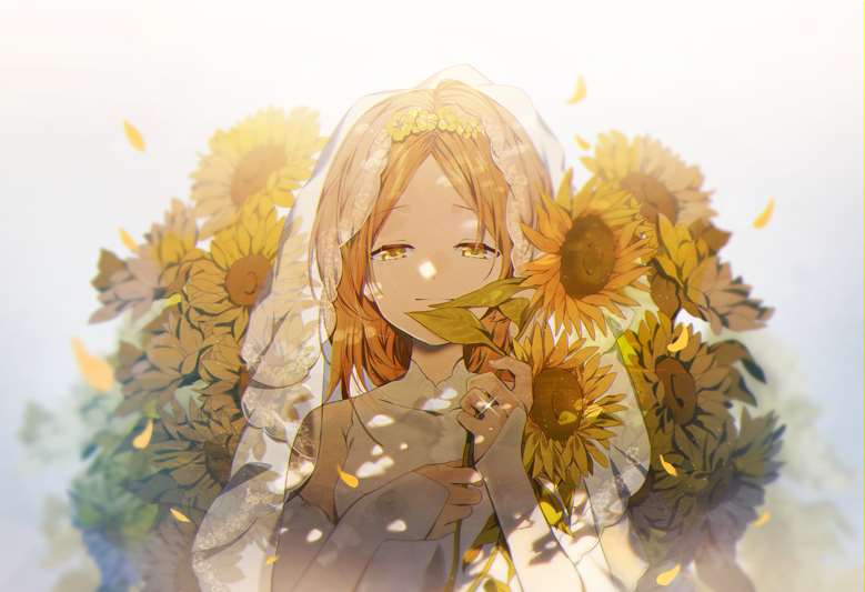 向日葵の花嫁|おむたつ/omutatsu的花和女孩插画图片